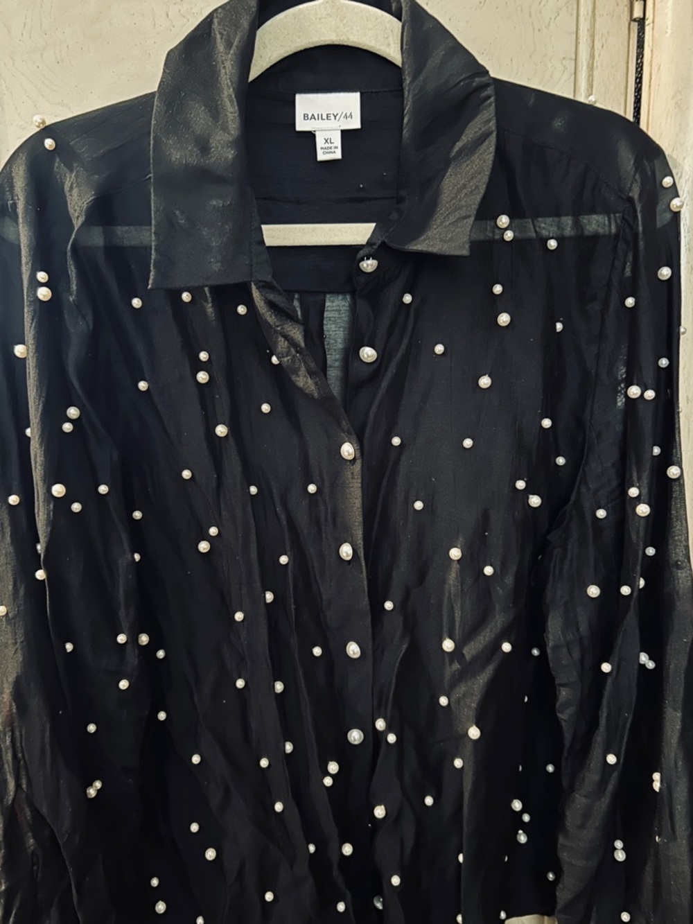Bailey 44 Black Sheer Pearl-Studded Button-Up Shirt. Wear over a dress. 
SZ XL